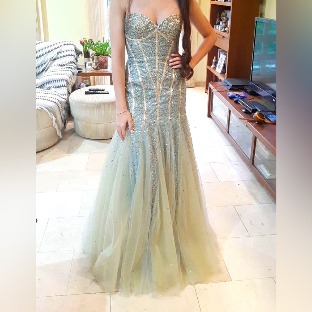 Jovani full sequin Mermaid Gown Blue and Gold Fit and Flare Tulle Dress